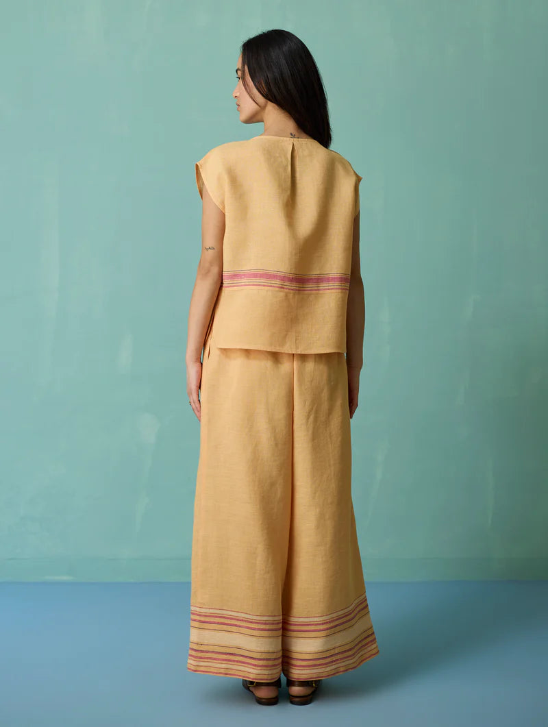 Xora Border Linen Cap-Sleeve Co-ord Set  - Apricot