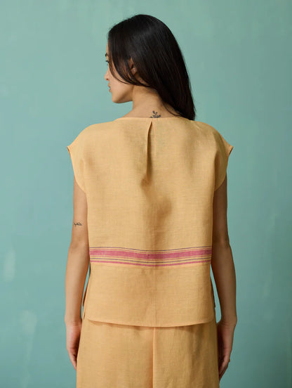 Xora Border Linen Cap-Sleeve Top - Apricot