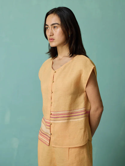 Xora Border Linen Cap-Sleeve Co-ord Set  - Apricot