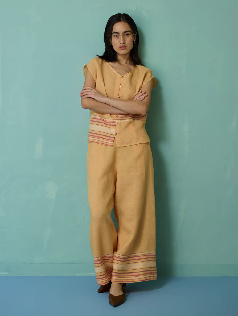Xora Border Linen Cap-Sleeve Co-ord Set  - Apricot