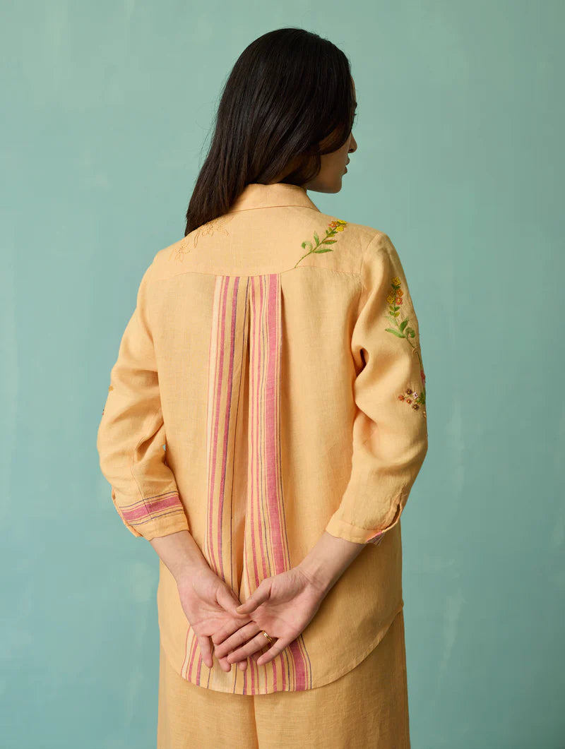 Kima Hand-Embroidered Floral Shirt - Apricot