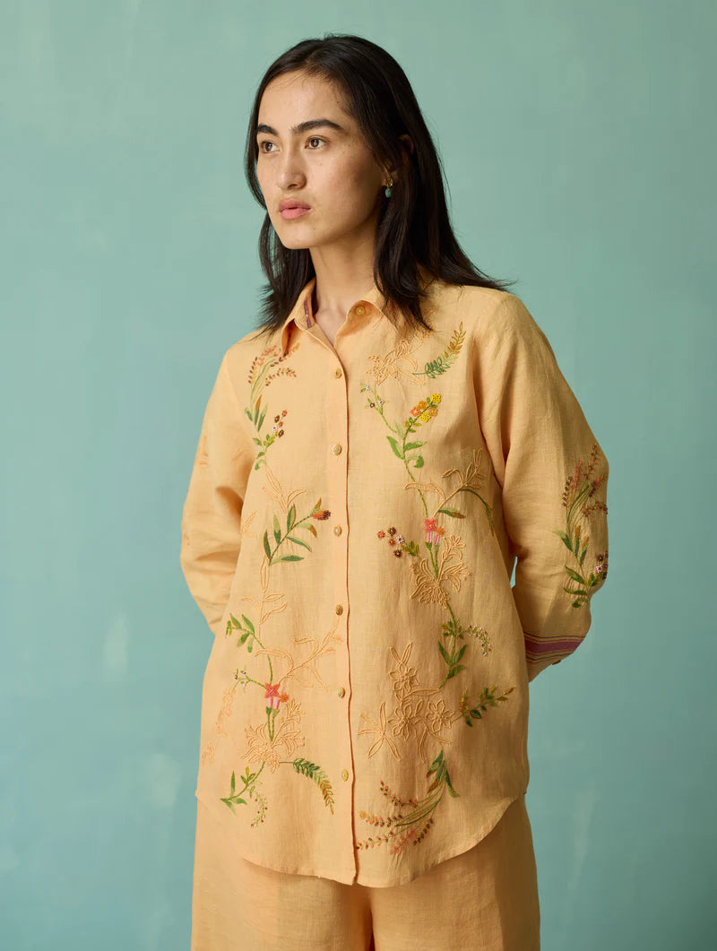 Kima Hand-Embroidered Floral Shirt - Apricot