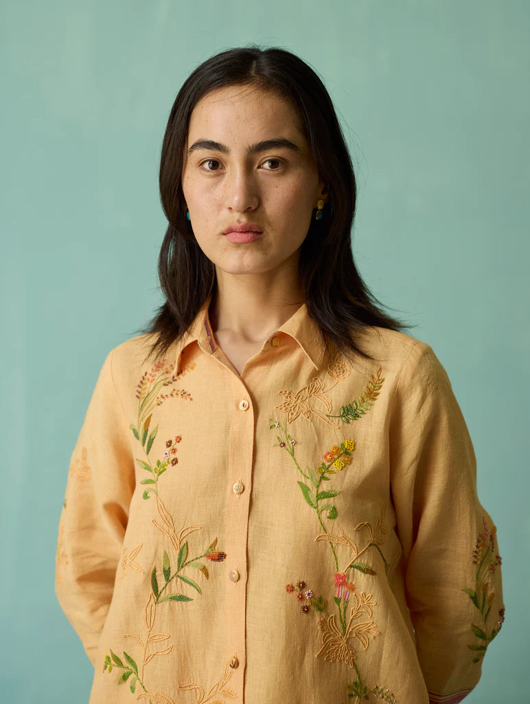 Kima Hand-Embroidered Floral Shirt - Apricot