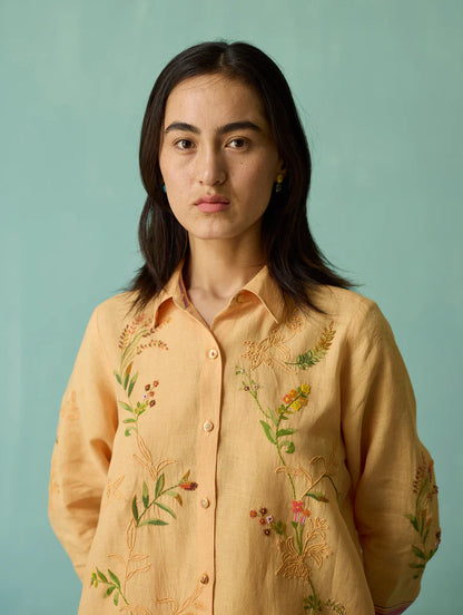 Kima Hand-Embroidered Floral Shirt - Apricot