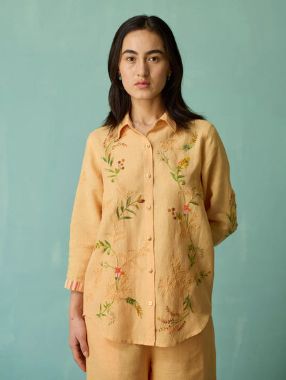 Kima Hand-Embroidered Floral Shirt - Apricot