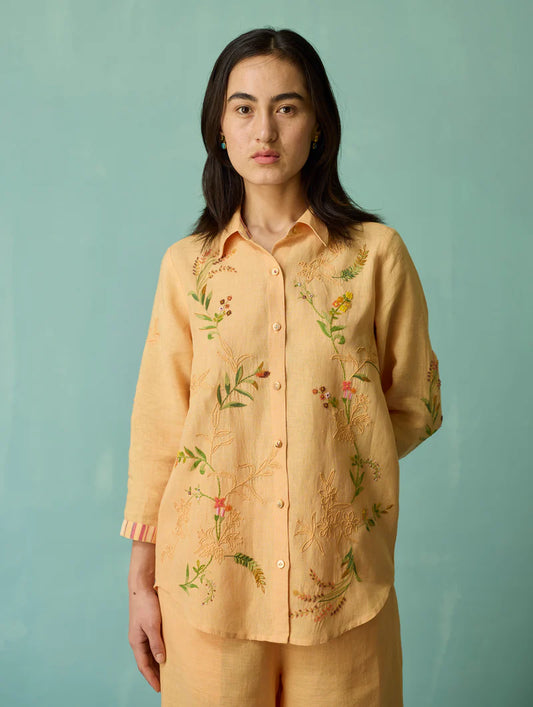 Kima Hand-Embroidered Floral Shirt - Apricot
