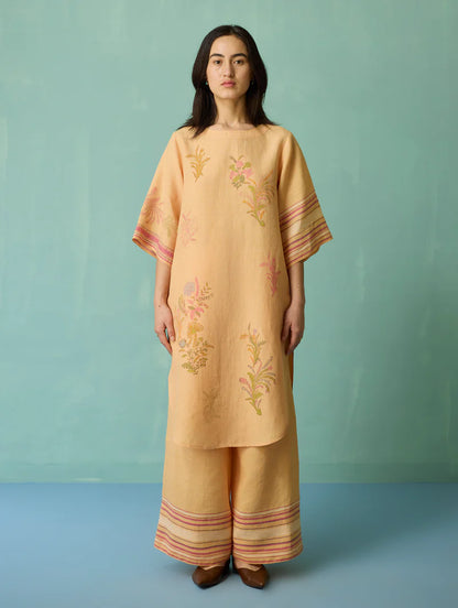 Nami Floral Block-Printed Curved Hem Kurta - Apricot