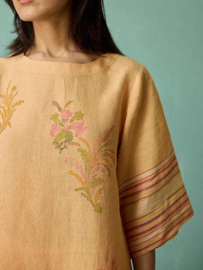 Nami Floral Block-Printed Curved Hem Kurta Set - Apricot