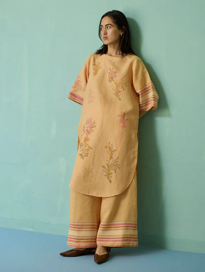 Nami Floral Block-Printed Curved Hem Kurta - Apricot