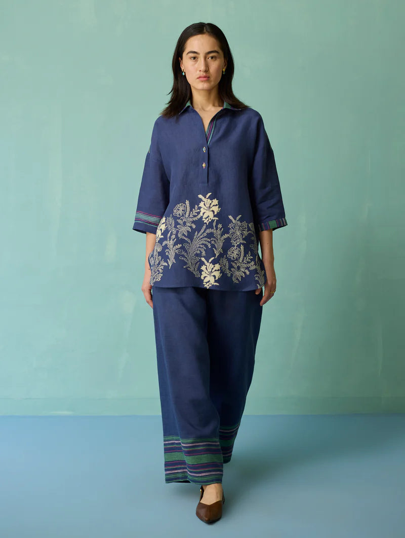 Luma Block-Printed Floral Co-ord Set - Indigo