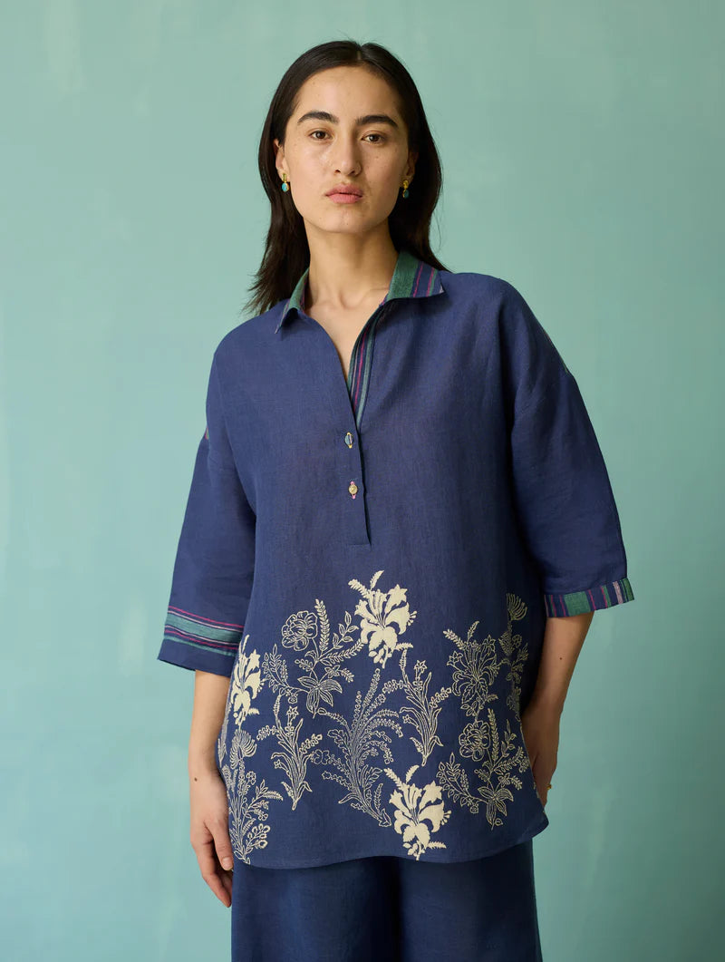 Luma Block-Printed Floral Shirt - Indigo