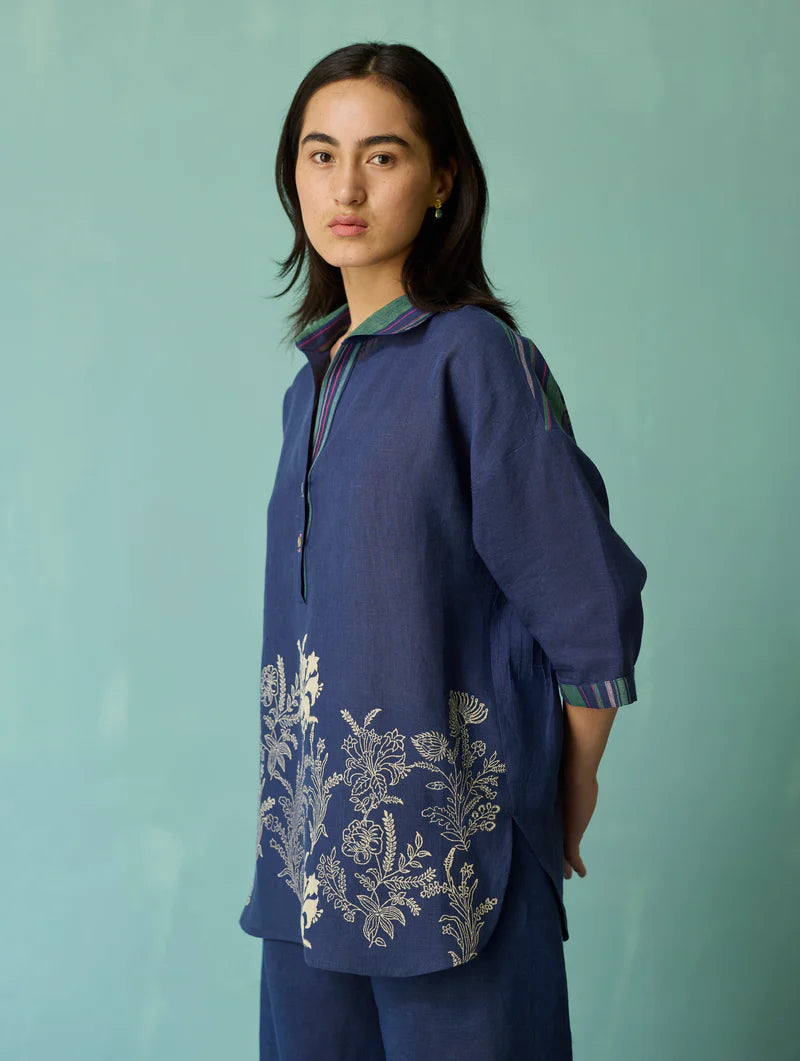 Luma Block-Printed Floral Co-ord Set - Indigo