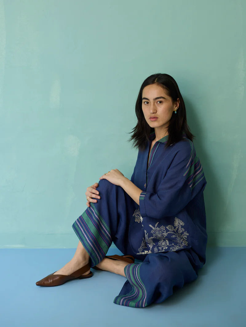 Luma Block-Printed Floral Co-ord Set - Indigo