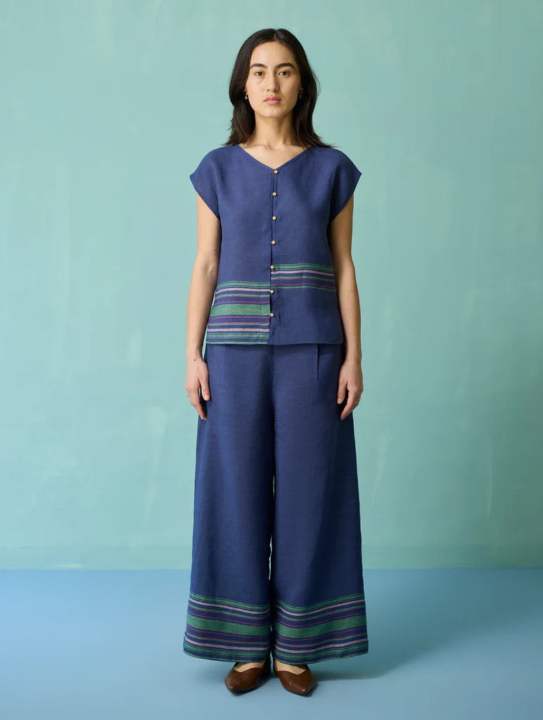 Xora Border Linen Cap-Sleeve Co-ord Set  - Indigo