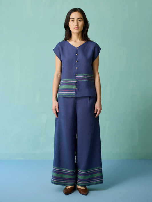 Xora Border Linen Cap-Sleeve Co-ord Set  - Indigo
