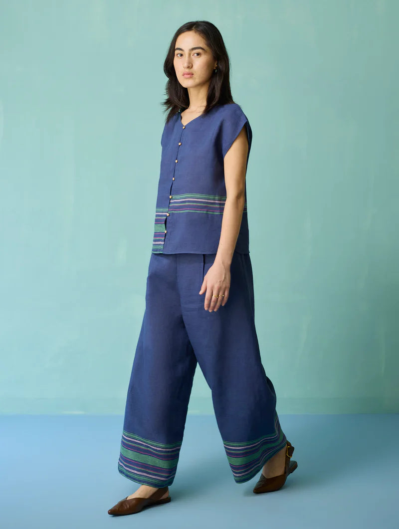 Xora Border Linen Cap-Sleeve Co-ord Set  - Indigo