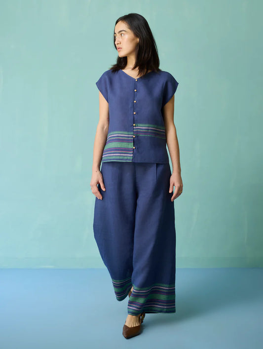 Xora Border Linen Cap-Sleeve Co-ord Set  - Indigo