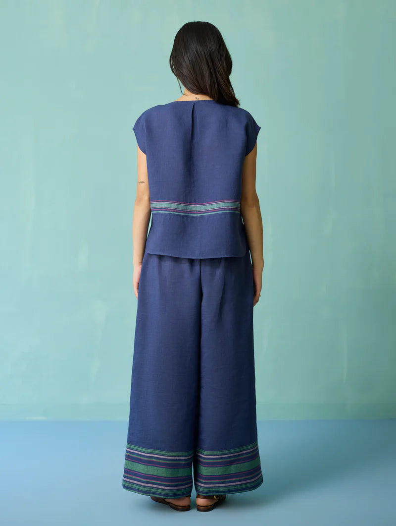 Xora Border Linen Cap-Sleeve Co-ord Set  - Indigo