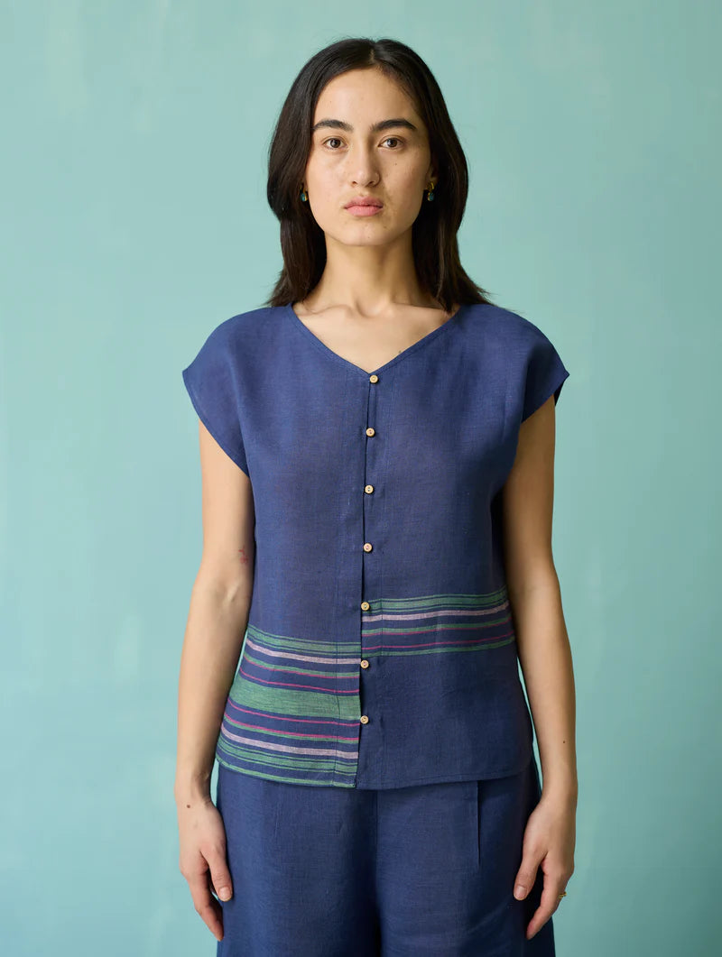 Xora Border Linen Cap-Sleeve Co-ord Set  - Indigo
