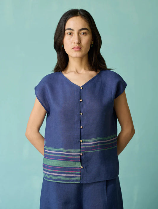 Xora Border Linen Cap-Sleeve Top - Indigo
