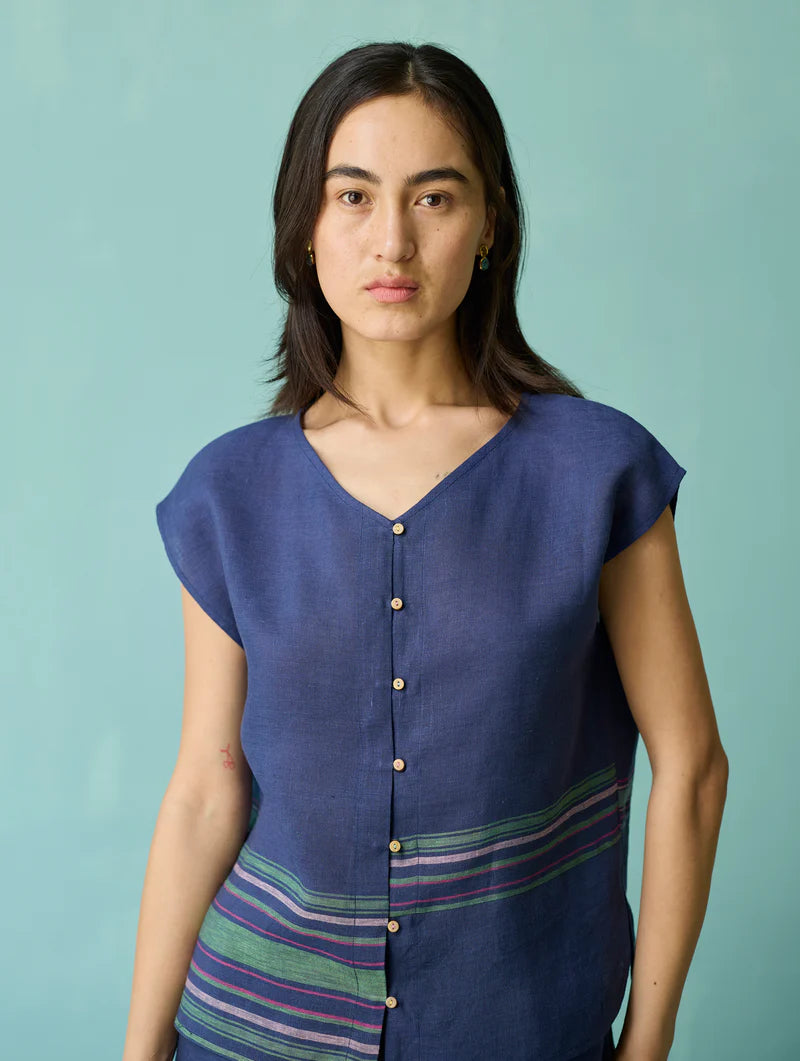 Xora Border Linen Cap-Sleeve Top - Indigo