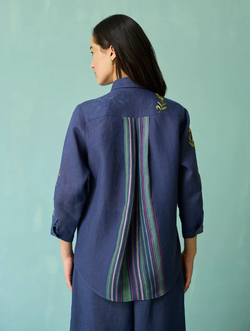 Kima Hand-Embroidered Floral Shirt - Indigo