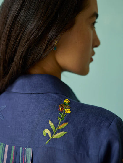 Kima Hand-Embroidered Floral Co-ord Set - Indigo