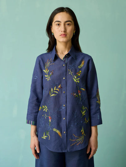 Kima Hand-Embroidered Floral Shirt - Indigo