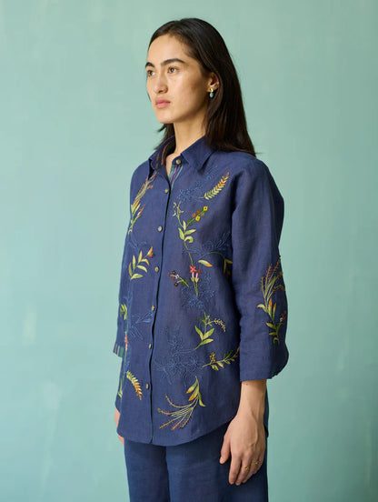 Kima Hand-Embroidered Floral Shirt - Indigo