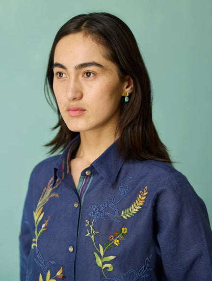 Kima Hand-Embroidered Floral Shirt - Indigo