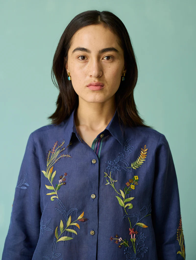 Kima Hand-Embroidered Floral Shirt - Indigo