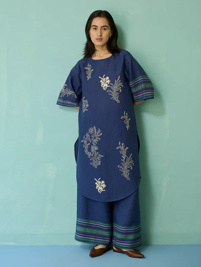 Nami Floral Block-Printed Curved Hem Kurta Set - Indigo