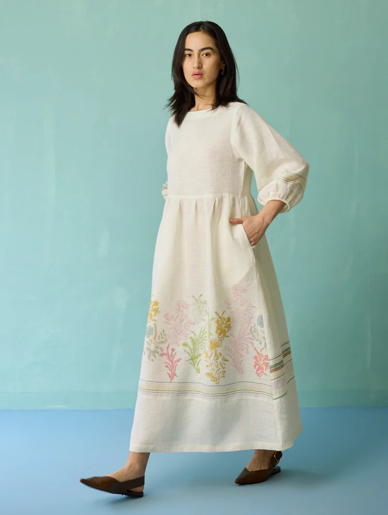 Ora Block-Printed Floral Linen Co-ord Set - Ivory