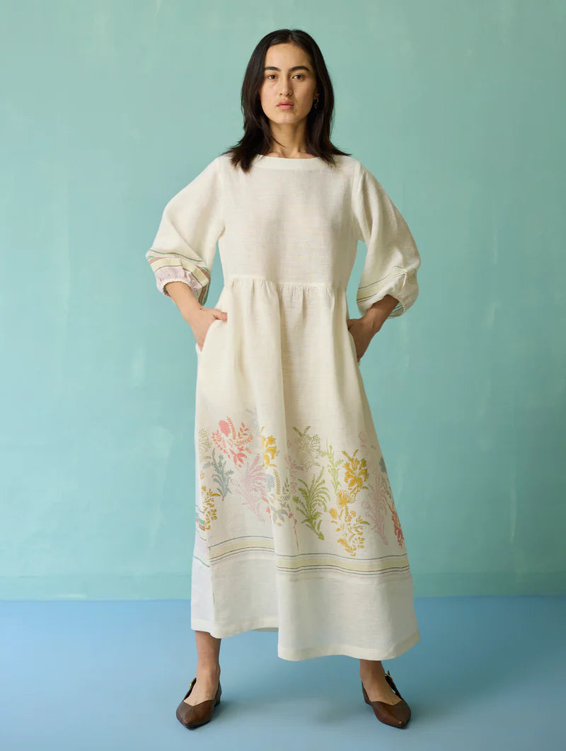 Ora Block-Printed Floral Linen Dress - Ivory