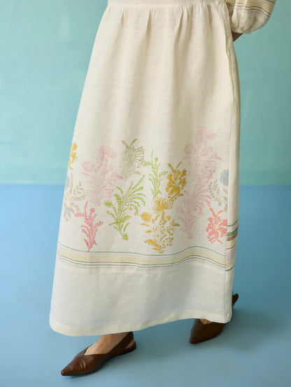 Ora Block-Printed Floral Linen Dress - Ivory