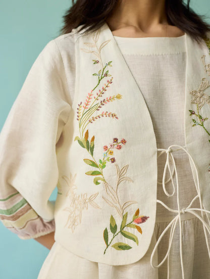 Eon Hand-Embroidered Floral Vest Co-ord Set - Ivory