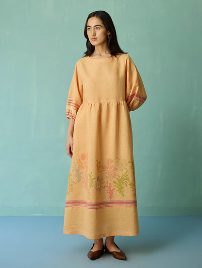 Ora Block-Printed Floral Linen Dress - Apricot