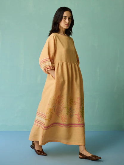 Ora Block-Printed Floral Linen Dress - Apricot