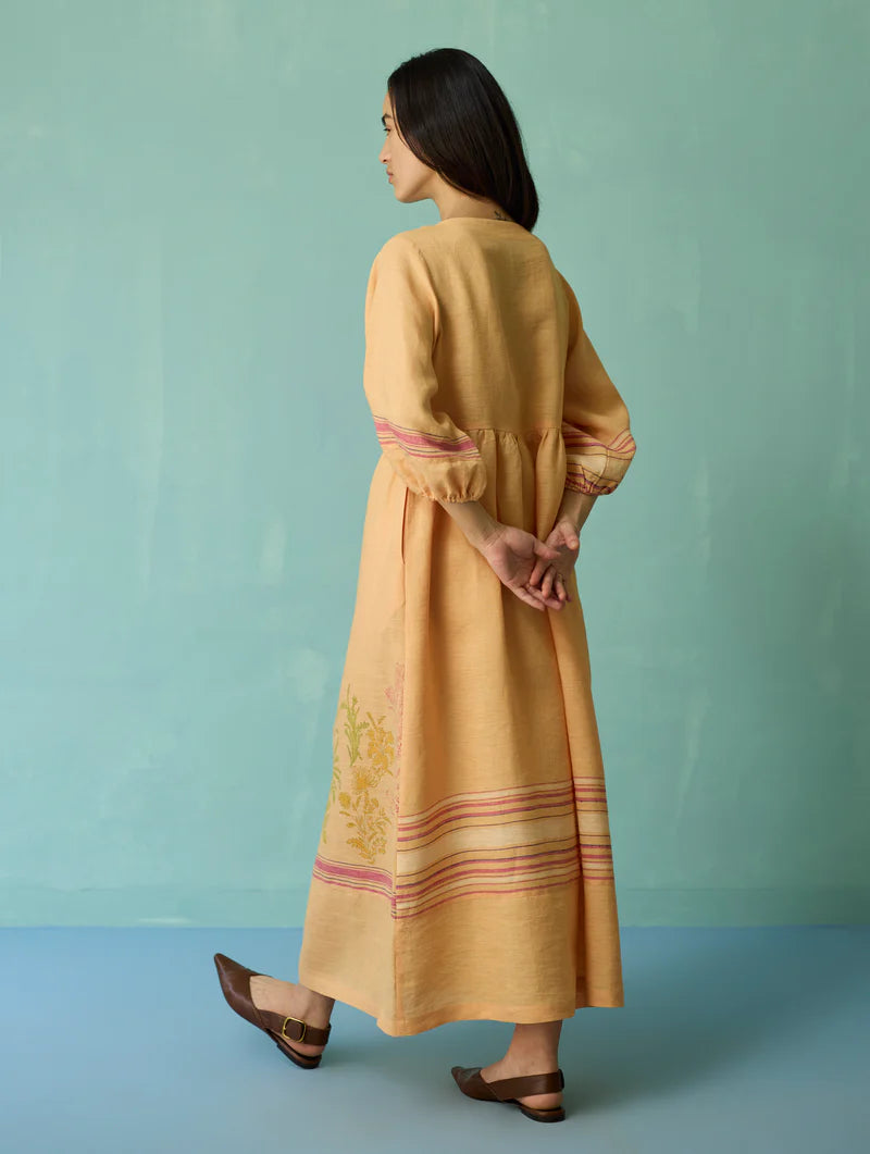 Ora Block-Printed Floral Linen Dress - Apricot