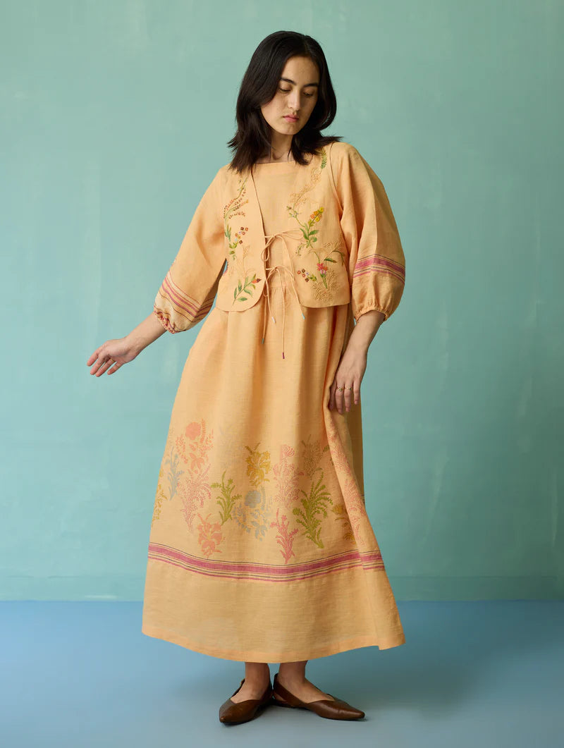 Ora Block-Printed Floral Linen  Co-ord Set  - Apricot