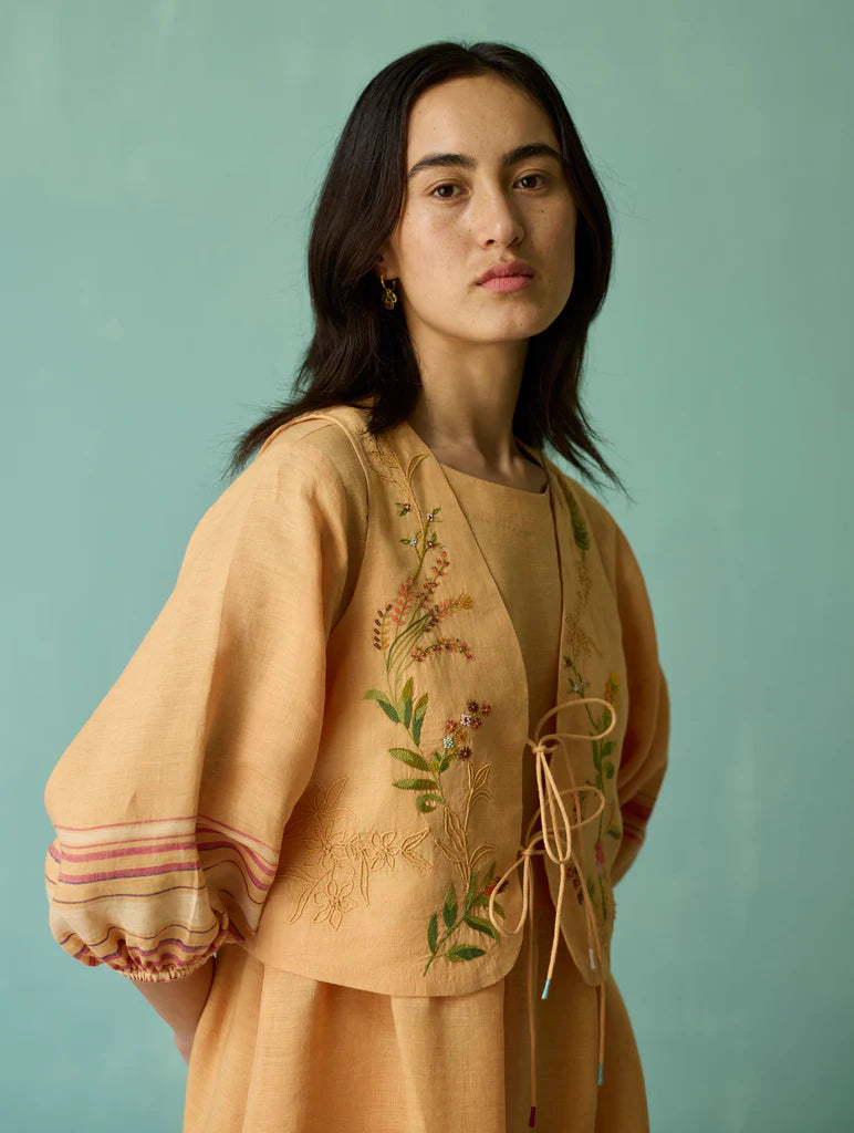 Ora Block-Printed Floral Linen  Co-ord Set  - Apricot