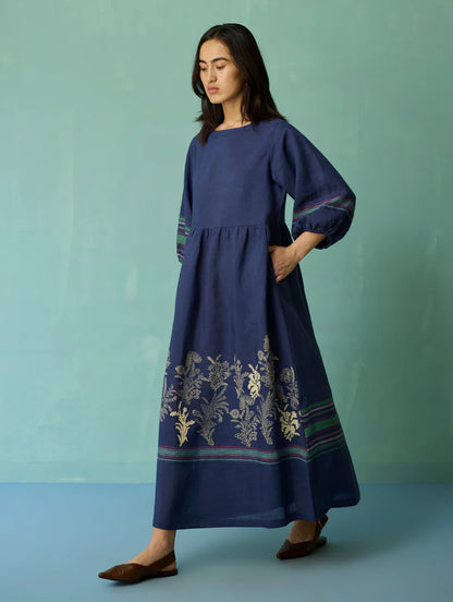 Ora Block-Printed Floral Linen Co-ord Set - Indigo