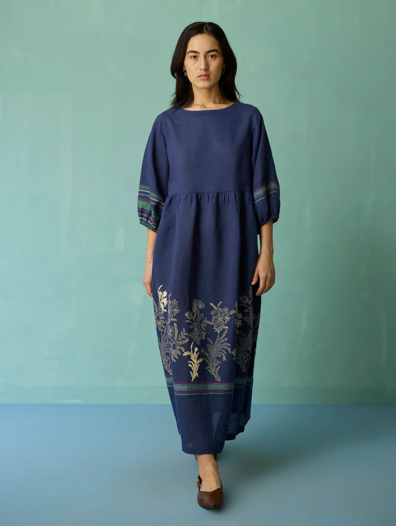 Ora Block-Printed Floral Linen Co-ord Set - Indigo
