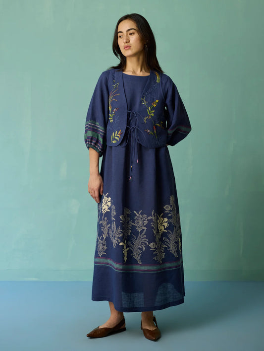 Eon Hand-Embroidered Floral Co-ord Set - Indigo