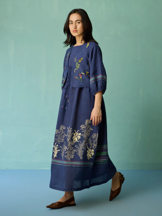 Ora Block-Printed Floral Linen Co-ord Set - Indigo