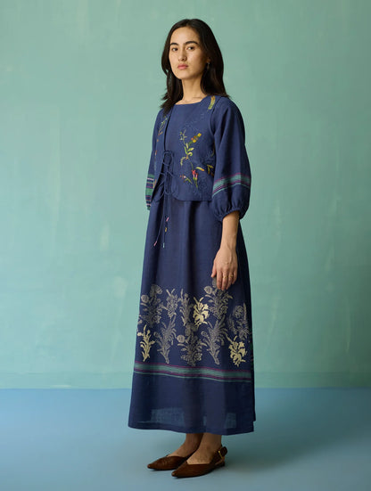 Eon Hand-Embroidered Floral Co-ord Set - Indigo