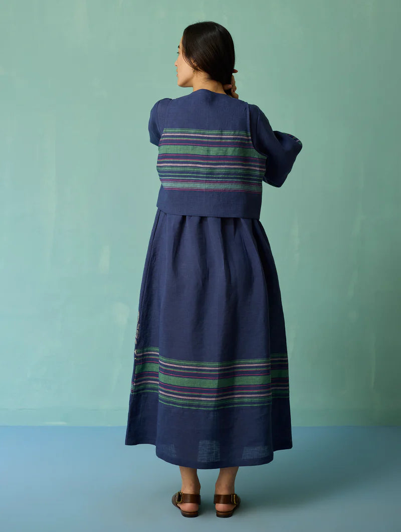 Ora Block-Printed Floral Linen Co-ord Set - Indigo