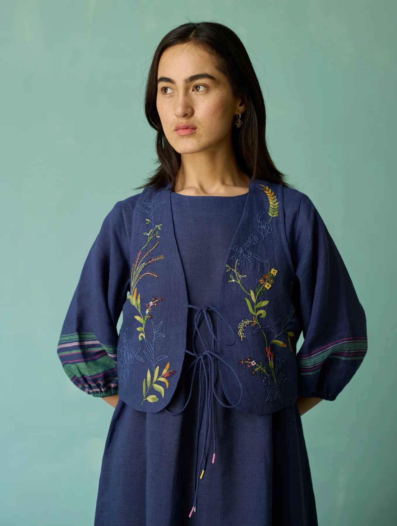 Eon Hand-Embroidered Floral Co-ord Set - Indigo