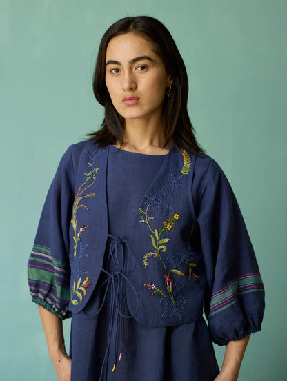 Eon Hand-Embroidered Floral Vest - Indigo