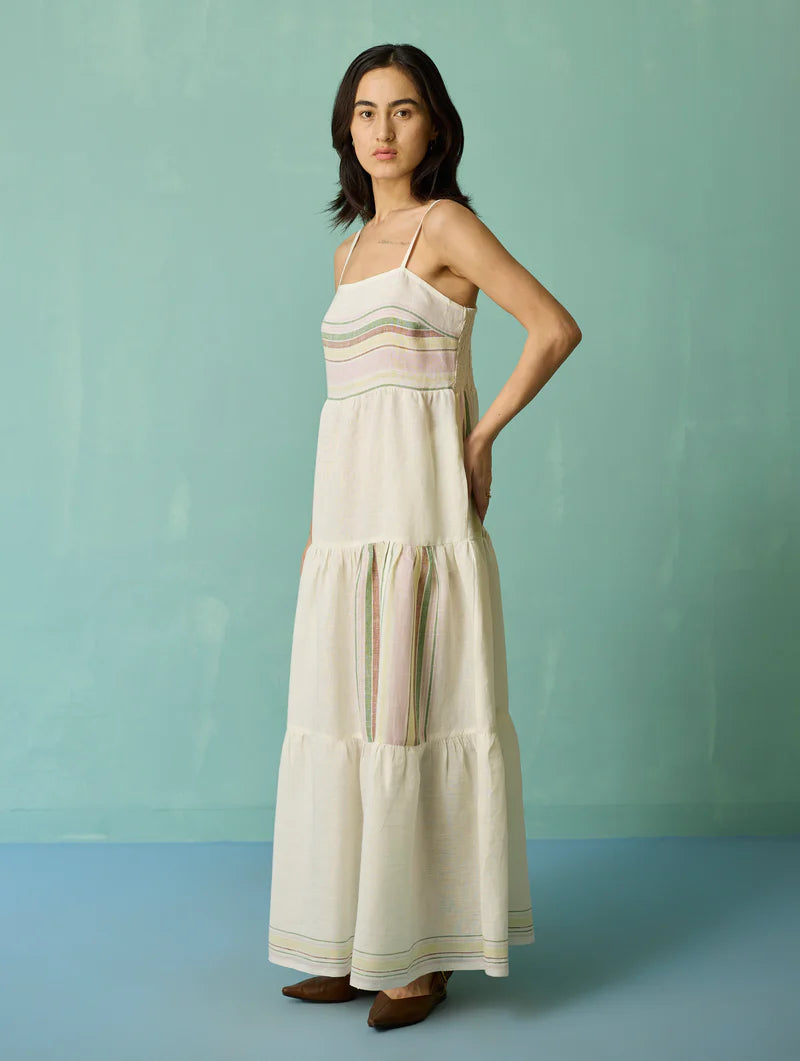 Pera Border Linen Tiered Dress - Ivory
